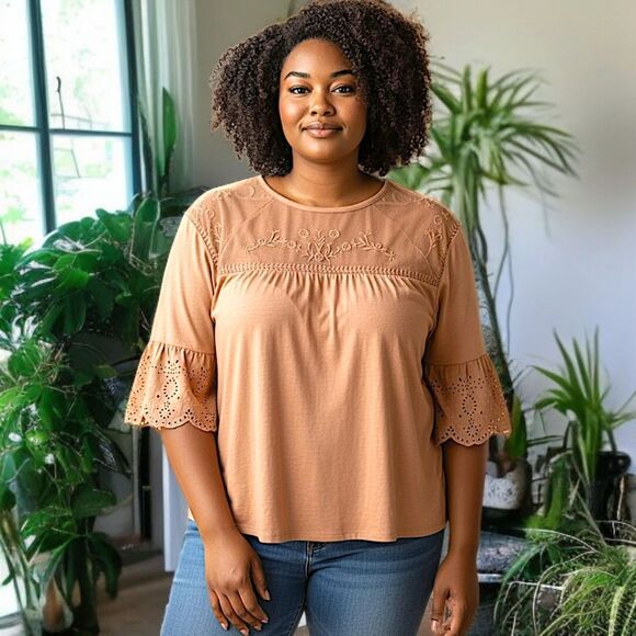 Sonoma Mesh Embroidered Top 3X Eyelet Camel Color Jersey Knit Boho Chic Western. - Picture 14 of 16